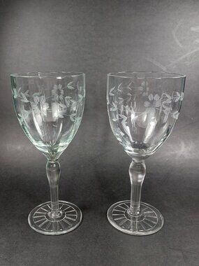 2 Vintage Clear Glass 7" Wine Glass With Etched Design